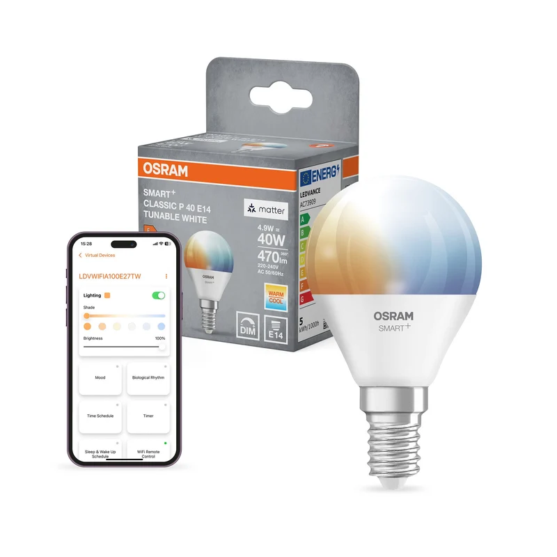 OSRAM Matter SMART+ Mini Lampadina LED Lampada TW FR E14 4,9W 470 lm, 2700…6500 K, Bianco Regolabile