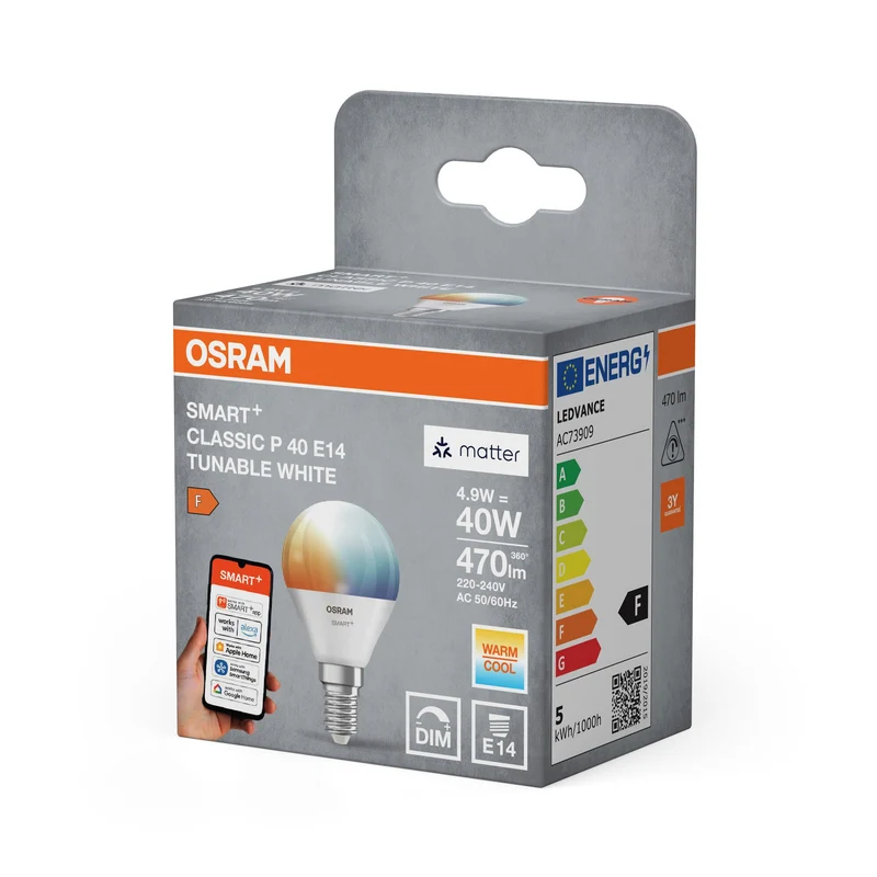 OSRAM Matter SMART+ Mini Lampadina LED Lampada TW FR E14 4,9W 470 lm, 2700…6500 K, Bianco Regolabile