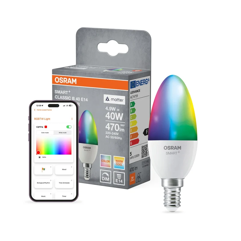 OSRAM Matter SMART+ LED Lampada CLASSIC B, RGB, Frost-Optik, 4,9W, 470lm, E14