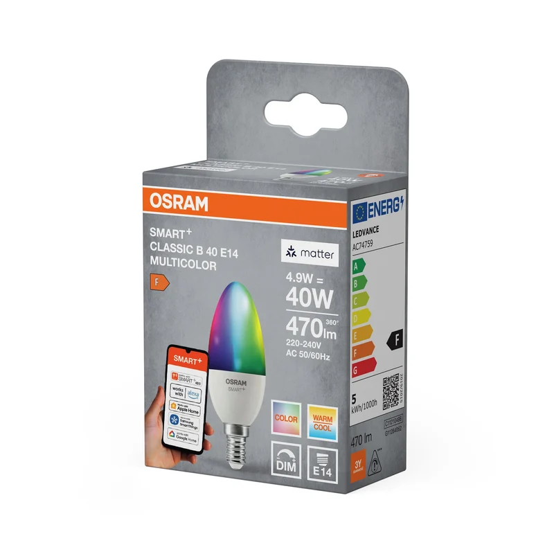 OSRAM Matter SMART+ LED Lampada CLASSIC B, RGB, Frost-Optik, 4,9W, 470lm, E14