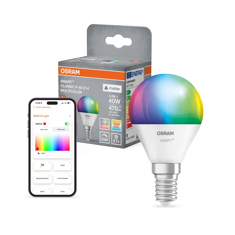 OSRAM Matter SMART+ LED Lampada CLASSIC P, RGB, Frost-Optik, 4,9W, 470lm, E14