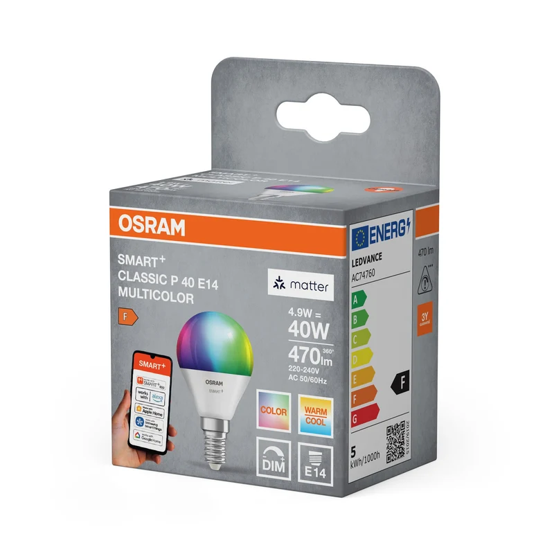 OSRAM Matter SMART+ LED Lampada CLASSIC P, RGB, Frost-Optik, 4,9W, 470lm, E14