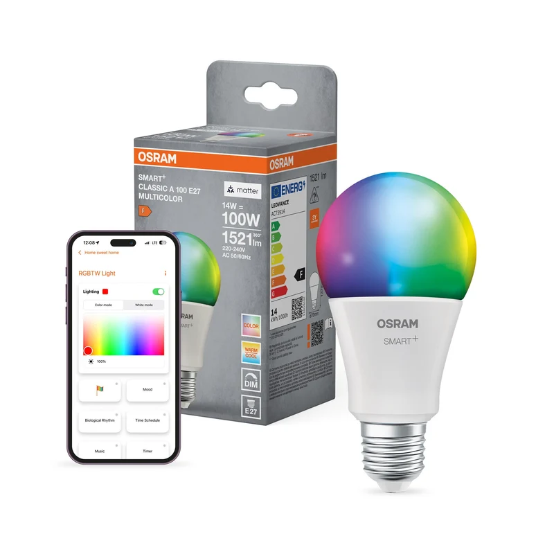 OSRAM Matter SMART+ LED Lampada CLASSIC A, RGB, Ottica Ghiacciata, 14W, 1521lm, E27
