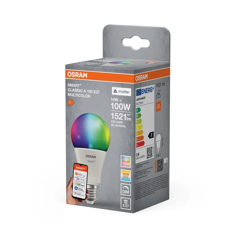 OSRAM Matter SMART+ LED Lampada CLASSIC A, RGB, Ottica Ghiacciata, 14W, 1521lm, E27
