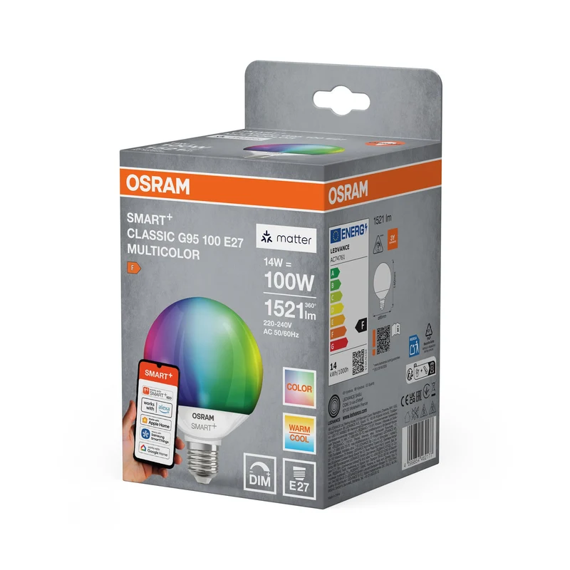 OSRAM Matter SMART+ LED Lampada CLASSIC G95, RGB, Ottica ghiacciata, 14W, 1521lm, E27