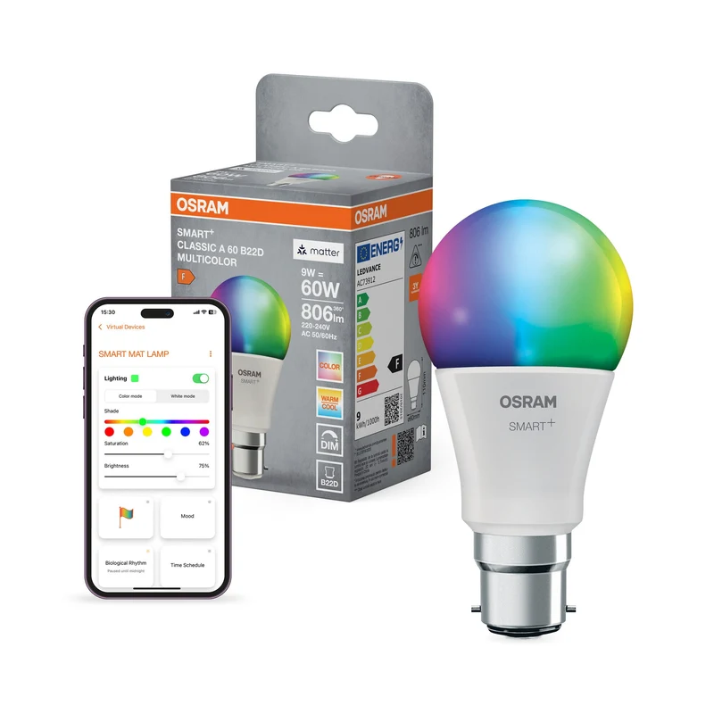 OSRAM Matter SMART+ Classica Lampada LED RGBW FR B22D 9W, 806 lm, 2700…6500 K, RGBW
