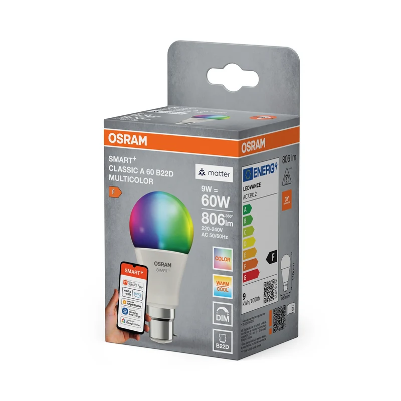 OSRAM Matter SMART+ Classica Lampada LED RGBW FR B22D 9W, 806 lm, 2700…6500 K, RGBW
