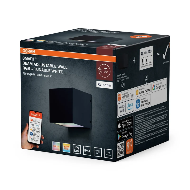 OSRAM Matter SMART+ Beam lampada da parete, RGB+, TW, 8W, 3000-6500K, nero