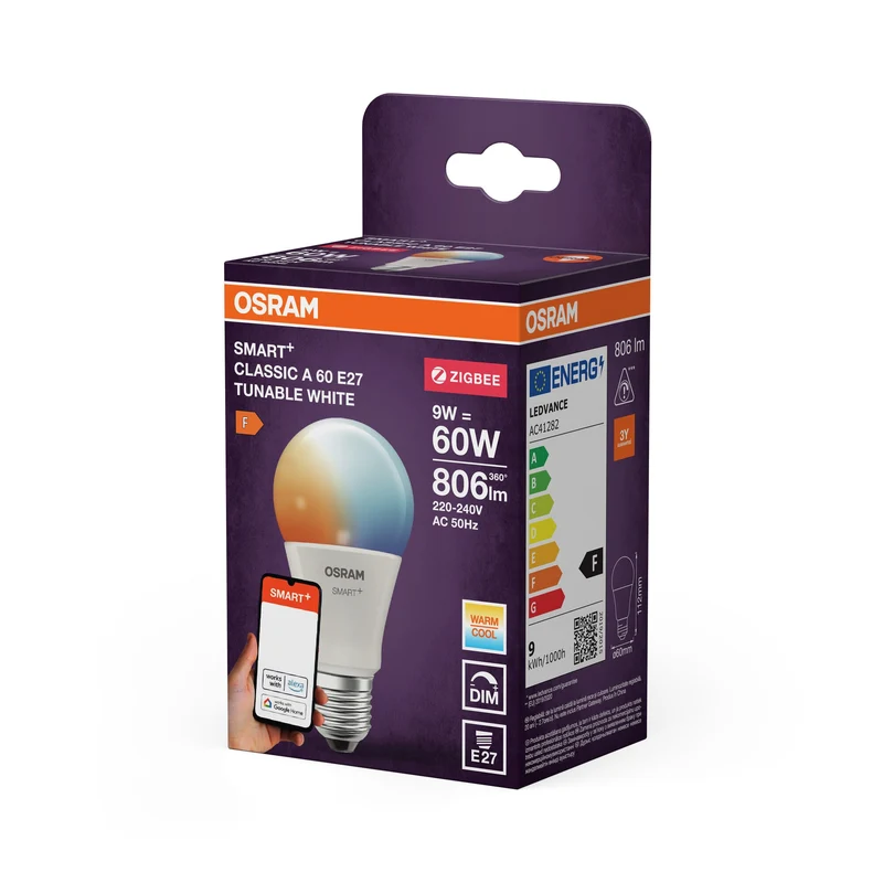 OSRAM Smart+ lampada con tecnologia ZigBee, 9W, A60, opaca, attacco E27, colore luce bianco regolabile, 806lm