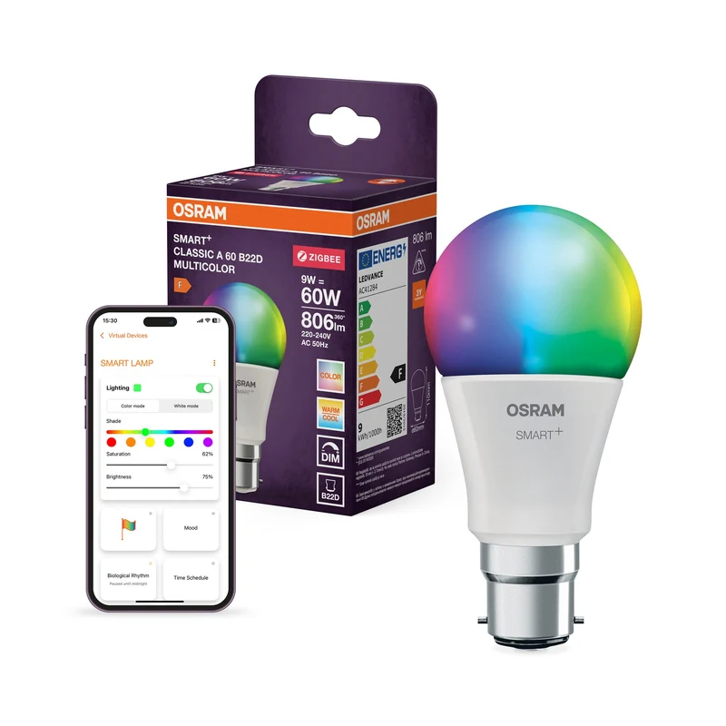 OSRAM Smart+ lampada con tecnologia ZigBee, 9W, A60, opaca, colore luce RGBW regolabile, 806lm, attacco B22D
