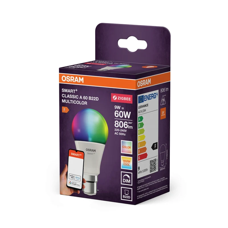 OSRAM Smart+ lampada con tecnologia ZigBee, 9W, A60, opaca, colore luce RGBW regolabile, 806lm, attacco B22D