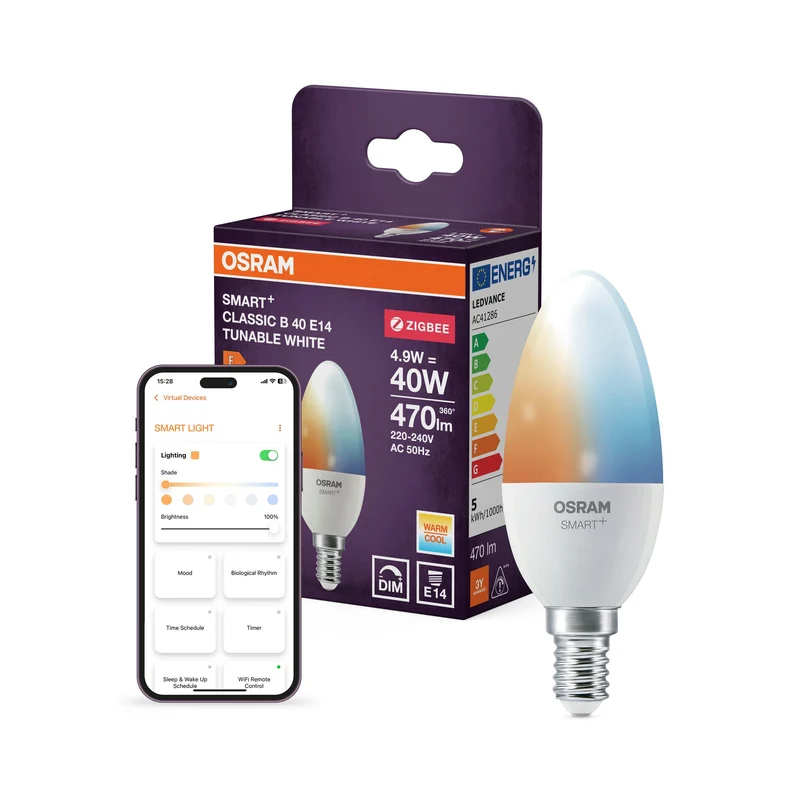 OSRAM Smart+ lampada con tecnologia ZigBee, 5W, sostituzione 40W, attacco E14, colore luce bianco regolabile, 470lm