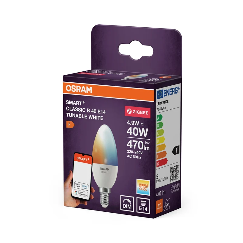 OSRAM Smart+ lampada con tecnologia ZigBee, 5W, sostituzione 40W, attacco E14, colore luce bianco regolabile, 470lm
