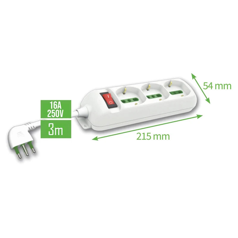 LinkLed Multipresa con interruttore a 3 ingressi 10/16A, ciabatta elettrica 3 prese universali bipasso schuko 250V, cavo da 3m, 3680W max
