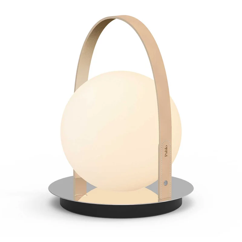 Bola Lantern - Lampe à poser portable rechargeable en verre, cuir et acier, style Art déco