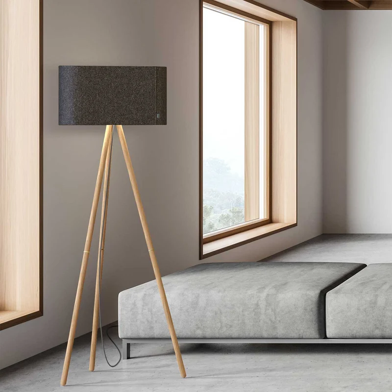 Belmont - Lampadaire en tissu, bois et acier, style contemporain