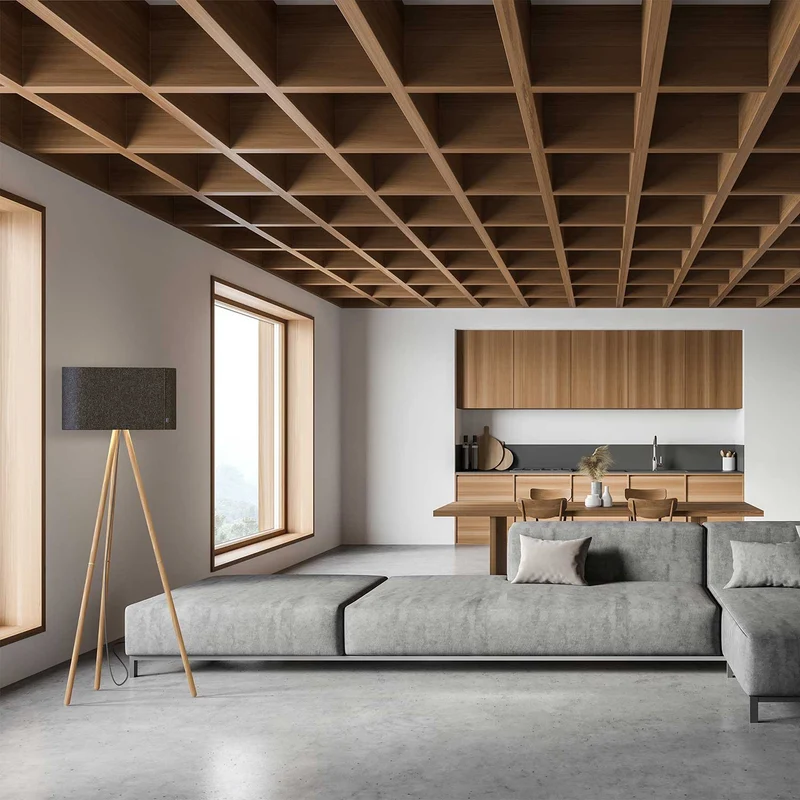 Belmont - Lampadaire en tissu, bois et acier, style contemporain
