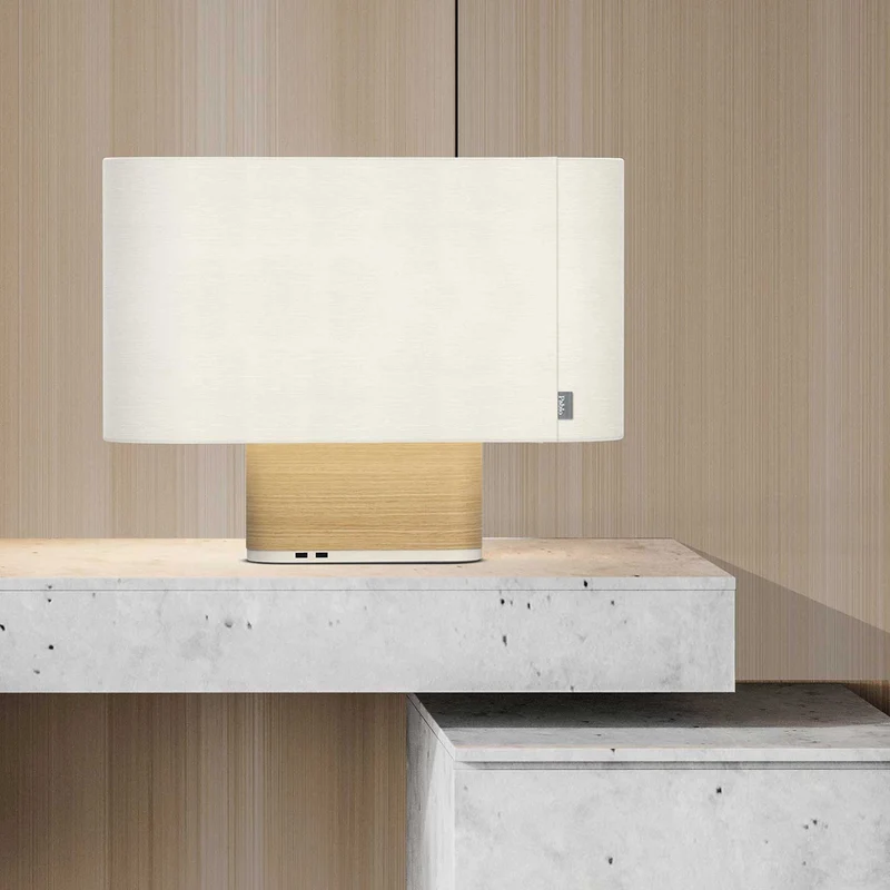 Belmont - Lampe à poser avec port USB en tissu, bois et acier, style contemporain