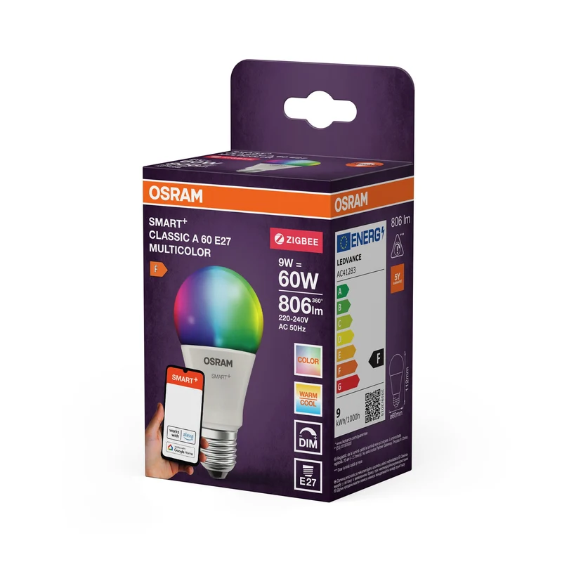 OSRAM Smart+ Lampada con tecnologia ZigBee, 9W, A60, opaca, attacco E27, colore luce RGBW regolabile, 806lm