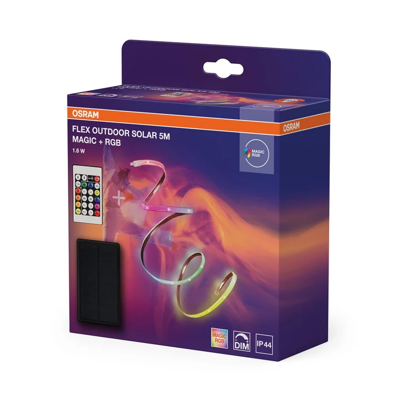 OSRAM FLEX OUTDOOR SOLAR striscia luminosa LED flessibile, 5M, 1.6W, controllo colore RGB, alimentata a energia solare, IP44, con telecomando, dimmerabile