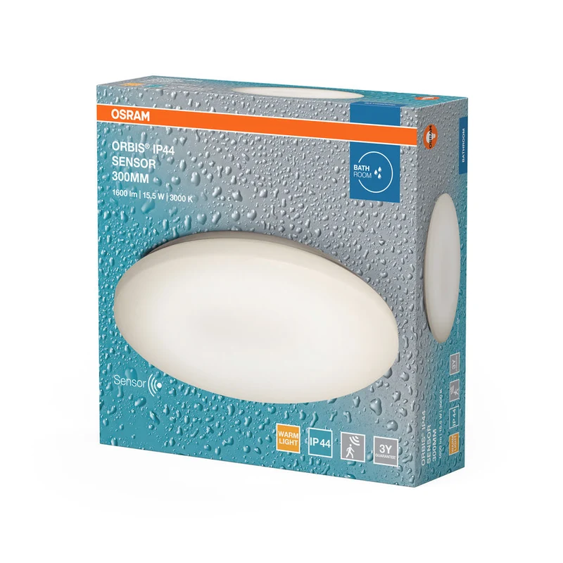 OSRAM ORBIS lampada da bagno LED con sensore, plafoniera LED con IP44 bianco caldo con 15 W, 1100 lumen e 30 cm di diametro. ORBIS IP44 SENSOR 300MM 15.5W 830
