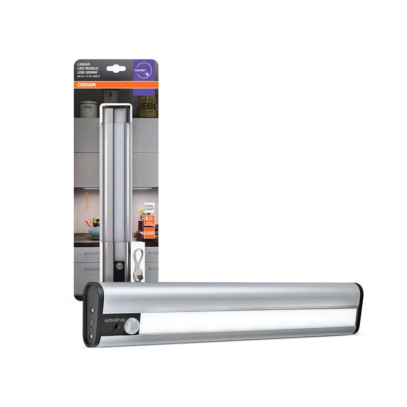 OSRAM LED Lampada a batteria, lampada per uso interno, sensore di movimento, sensore giorno-notte, bianco freddo, 300,0 mm x 50,0 mm x 22,0 mm, LED lineare mobile USB