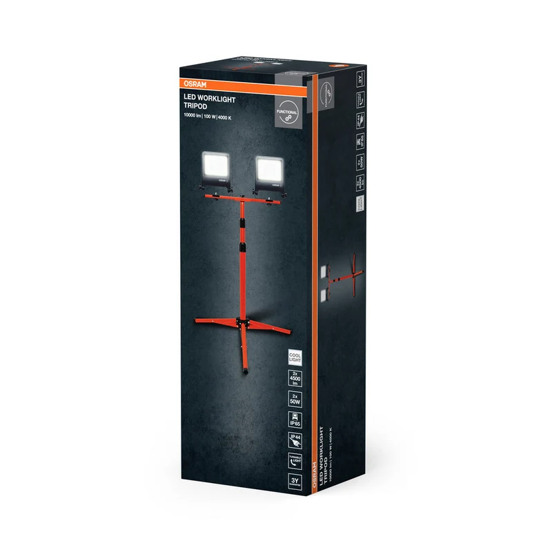 OSRAM LED faretto da cantiere per uso esterno, treppiede, lampada da lavoro LED, 2 x 50 Watt