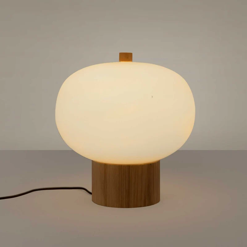 Ilargi - Lampe à poser en verre opalin et bois massif, style scandinave