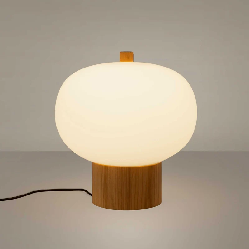 Ilargi - Lampe à poser en verre opalin et bois massif, style scandinave