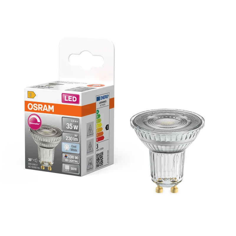OSRAM Lampadina riflettore LED dimmerabile PAR16 con attacco GU10, bianco freddo (4000K), spot in vetro, 3,7W, sostituto per lampadina riflettore da 35W, LED SUPERSTAR PAR16
