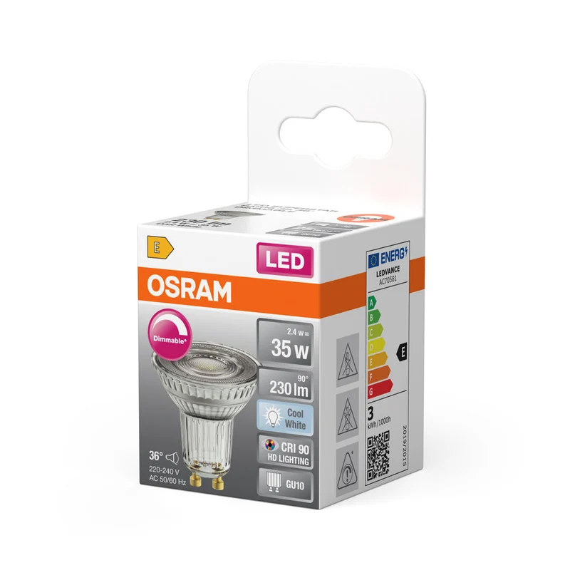 OSRAM Lampadina riflettore LED dimmerabile PAR16 con attacco GU10, bianco freddo (4000K), spot in vetro, 3,7W, sostituto per lampadina riflettore da 35W, LED SUPERSTAR PAR16