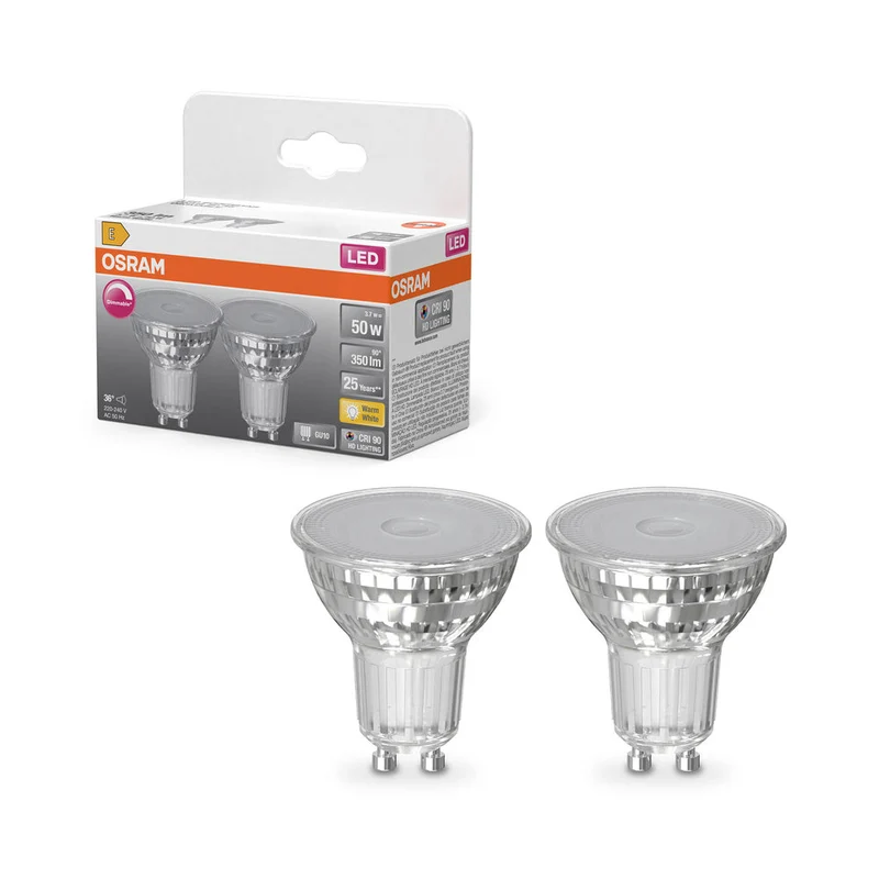 OSRAM Superstar lampada riflettore per attacco GU10, vetro chiaro, bianco caldo (2700K), 350 lumen, sostituto per lampadine tradizionali da 50W, dimmerabile, confezione da 2 pezzi