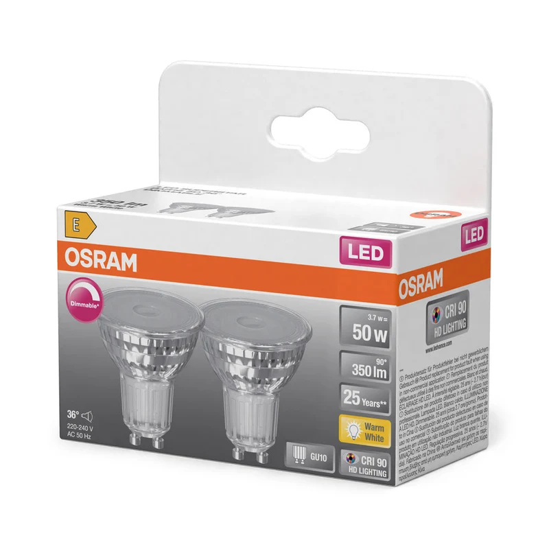 OSRAM Superstar lampada riflettore per attacco GU10, vetro chiaro, bianco caldo (2700K), 350 lumen, sostituto per lampadine tradizionali da 50W, dimmerabile, confezione da 2 pezzi