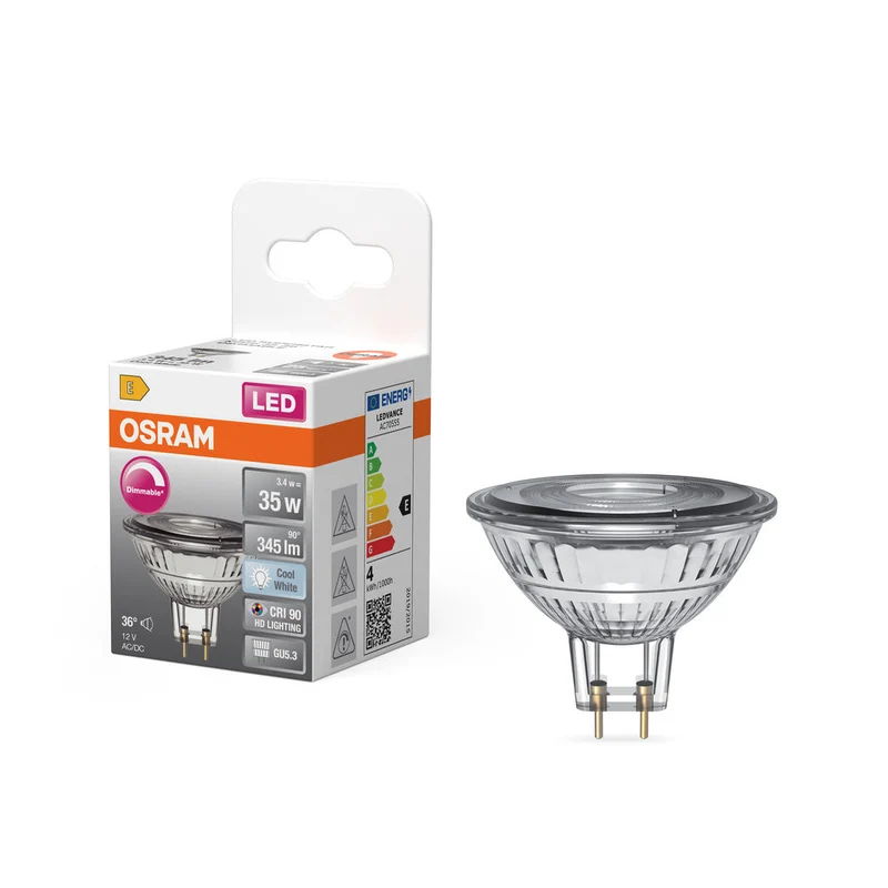 OSRAM Lampadina riflettore LED dimmerabile MR16 con attacco GU5.3, bianco freddo (4000K), 3.4W, sostituto per lampadina riflettore da 35W, LED SUPERSTAR MR16 12 V