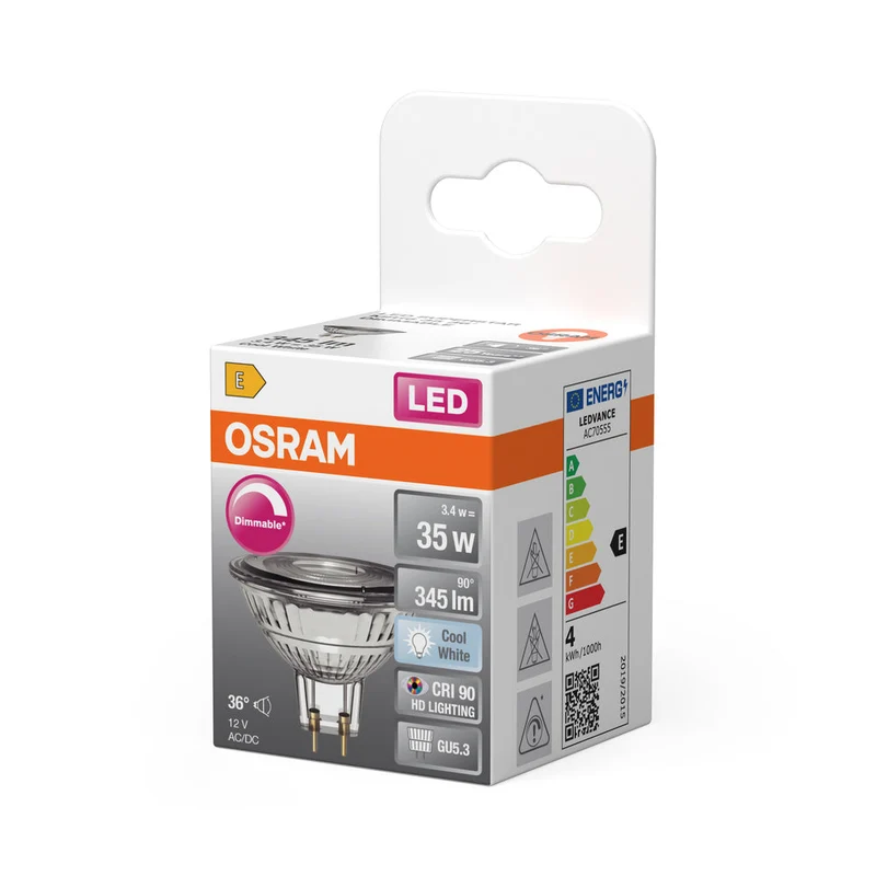 OSRAM Lampadina riflettore LED dimmerabile MR16 con attacco GU5.3, bianco freddo (4000K), 3.4W, sostituto per lampadina riflettore da 35W, LED SUPERSTAR MR16 12 V