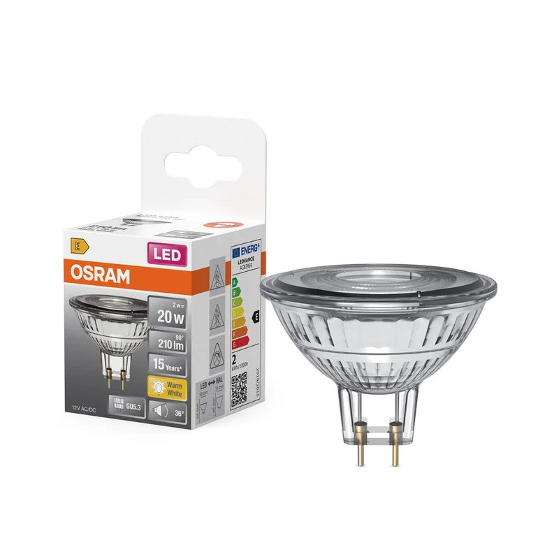 OSRAM MR16 lampadina riflettore LED con attacco GU5.3, bianco caldo (2700K), spot in vetro, 2.6W, sostituto per lampadina riflettore 20W, LED STAR MR16 12 V