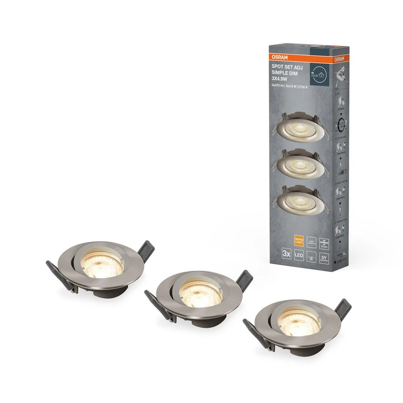 OSRAM faretti LED da incasso, Ø 90mm, set da 3, 3x 5W, bianco caldo, dimmerabile senza gradini tramite interruttore a parete, grigio