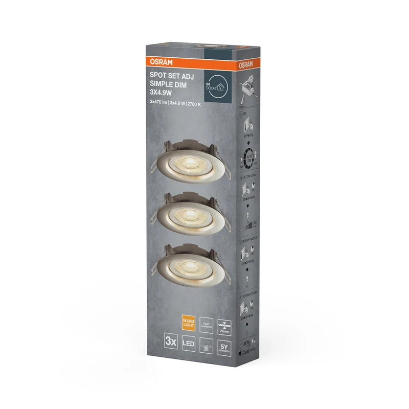 OSRAM faretti LED da incasso, Ø 90mm, set da 3, 3x 5W, bianco caldo, dimmerabile senza gradini tramite interruttore a parete, grigio