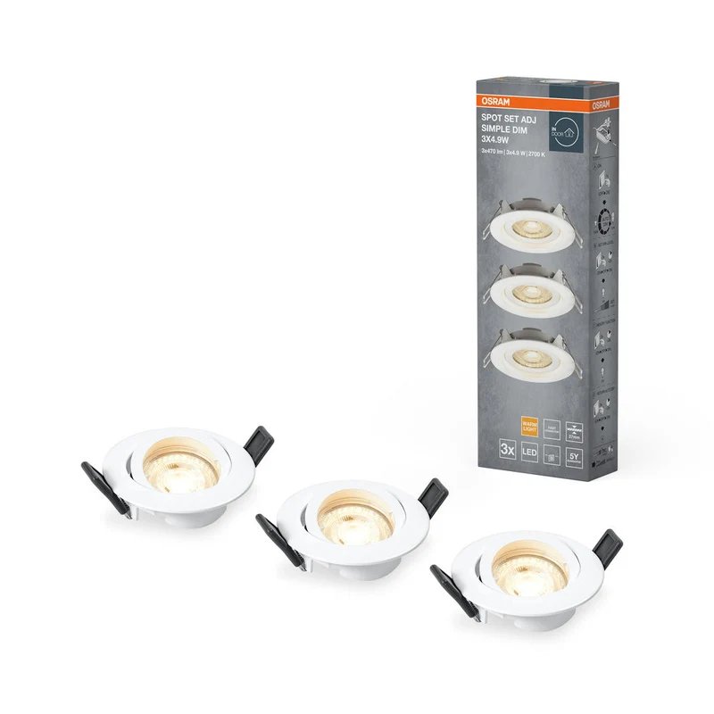 OSRAM faretti LED da incasso set da 3, 3x 5W, Ø 90mm, bianco caldo, dimmerabile senza gradini tramite interruttore a parete, bianco