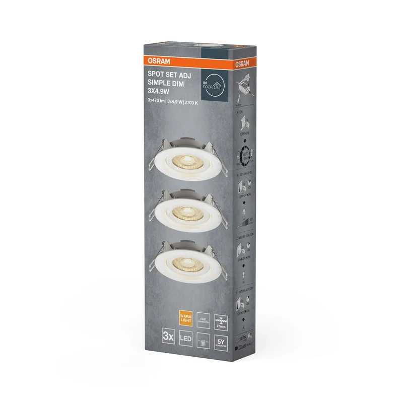 OSRAM faretti LED da incasso set da 3, 3x 5W, Ø 90mm, bianco caldo, dimmerabile senza gradini tramite interruttore a parete, bianco