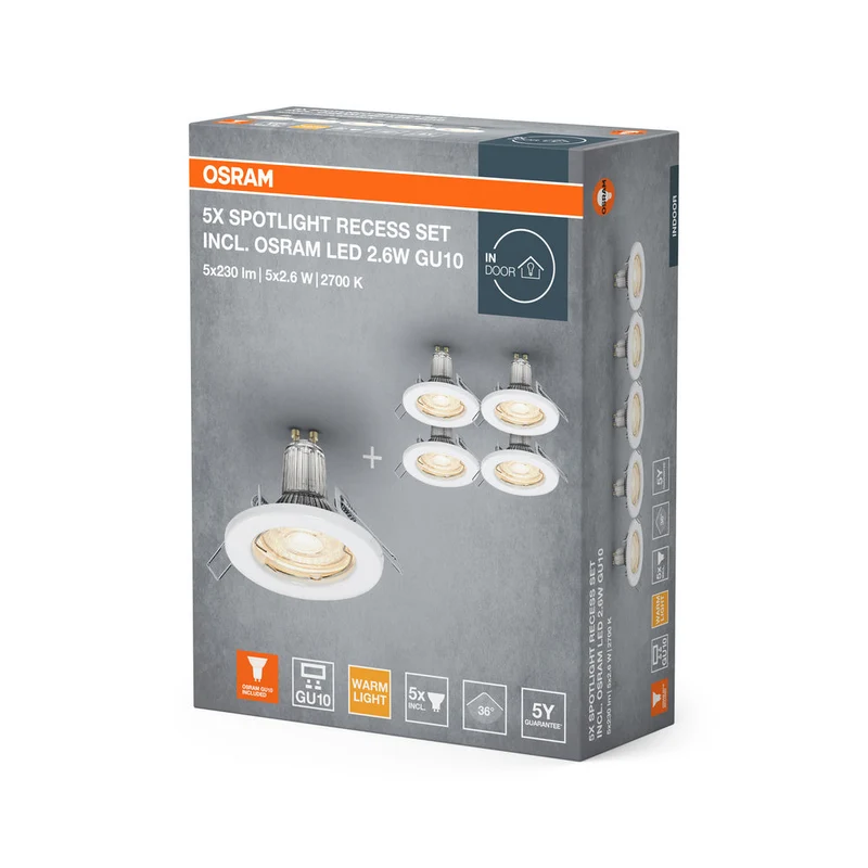 OSRAM faretti da incasso confezione da 5, Ø 80mm, incl. 5x lampadine GU10-OSRAM (5x 2.6W), bianco, custodia metallica, protezione IP20