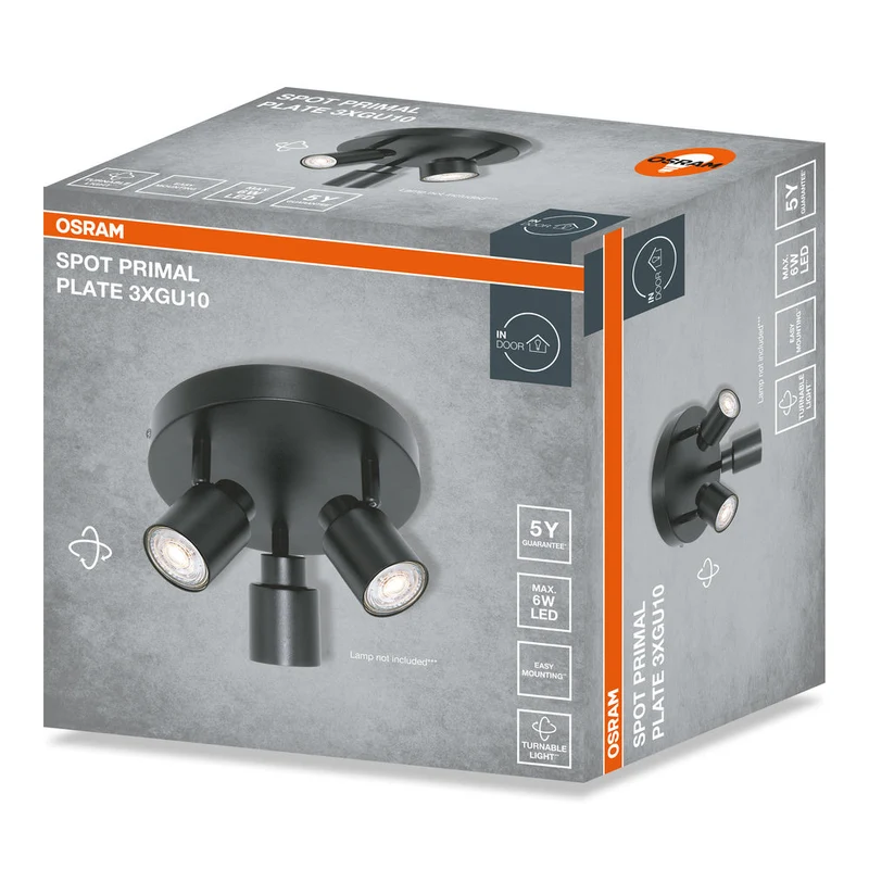 OSRAM Faretto LED a 3 punti PRIMAL Plate, lampada, 3xGU10, nero