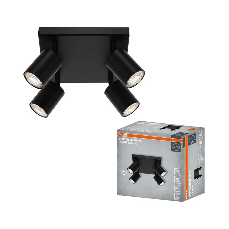 OSRAM Faretto LED a 4 punti ELEMENTAL Piastra Nera, Lampada, 4xGU10, Nero, 21 x 13,8 x 21 cm