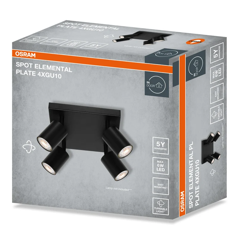 OSRAM Faretto LED a 4 punti ELEMENTAL Piastra Nera, Lampada, 4xGU10, Nero, 21 x 13,8 x 21 cm
