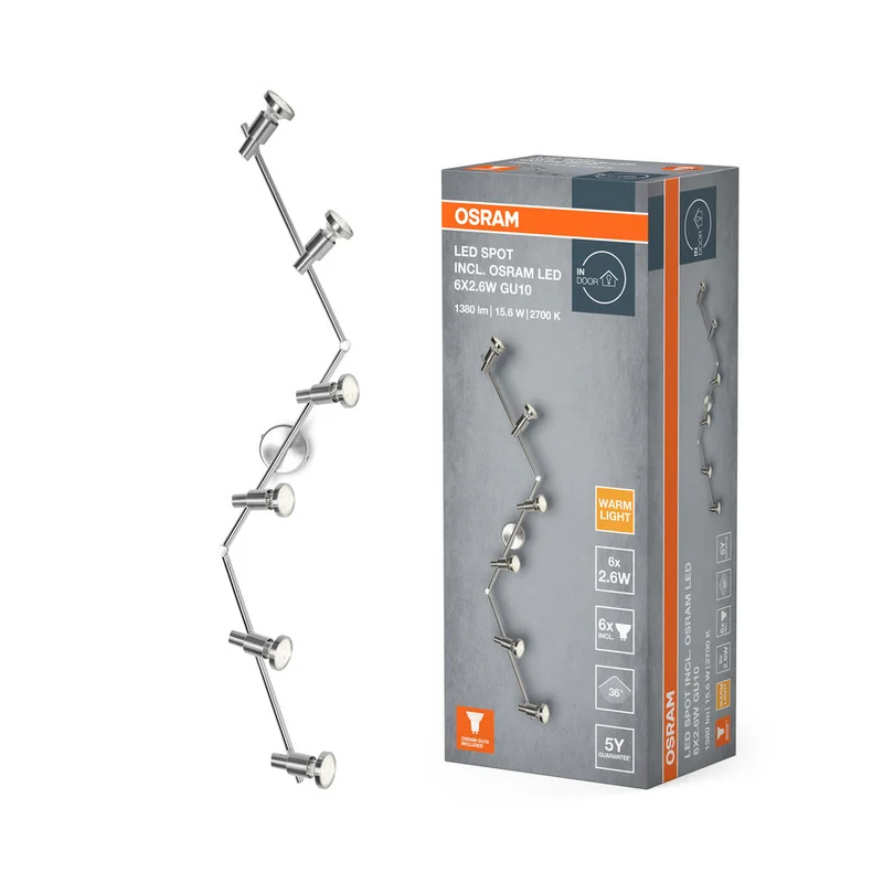 OSRAM Faretto LED, faretto di alta qualità a 6 fiamme in alluminio, adatto per parete e soffitto interno, lampadine GU10 sostituibili incluse, bianco caldo (2700K), 3W, FARETTO LED GU10 6x3W