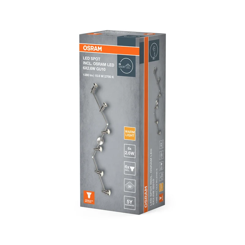 OSRAM Faretto LED, faretto di alta qualità a 6 fiamme in alluminio, adatto per parete e soffitto interno, lampadine GU10 sostituibili incluse, bianco caldo (2700K), 3W, FARETTO LED GU10 6x3W