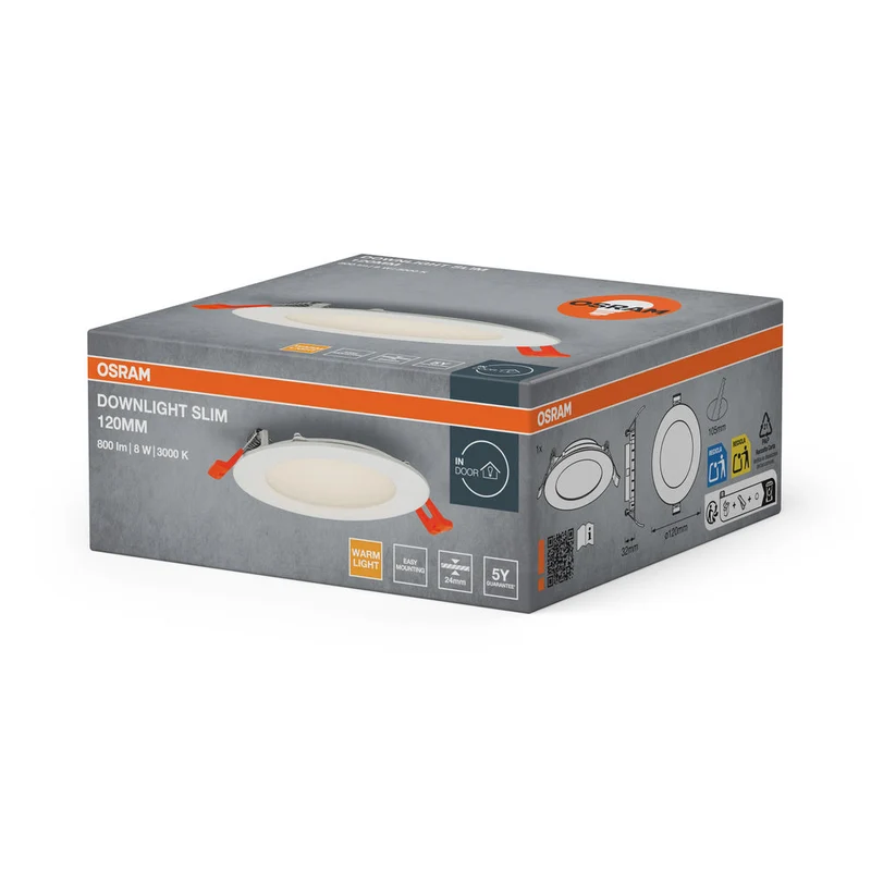 OSRAM RECESS SLIM DOWNLIGHT LED Lampada da soffitto, Ø 120mm, 220…240V 8W / 3000K Bianco caldo