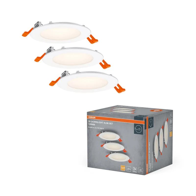 OSRAM Faretto da incasso bianco, Slim Downlight con driver integrato, Ø 120 mm, luce colore bianco caldo (3000K), 8W, IP20, confezione da 3 pezzi