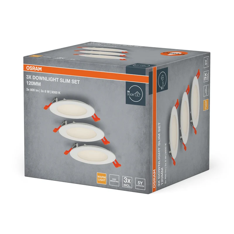 OSRAM Faretto da incasso bianco, Slim Downlight con driver integrato, Ø 120 mm, luce colore bianco caldo (3000K), 8W, IP20, confezione da 3 pezzi