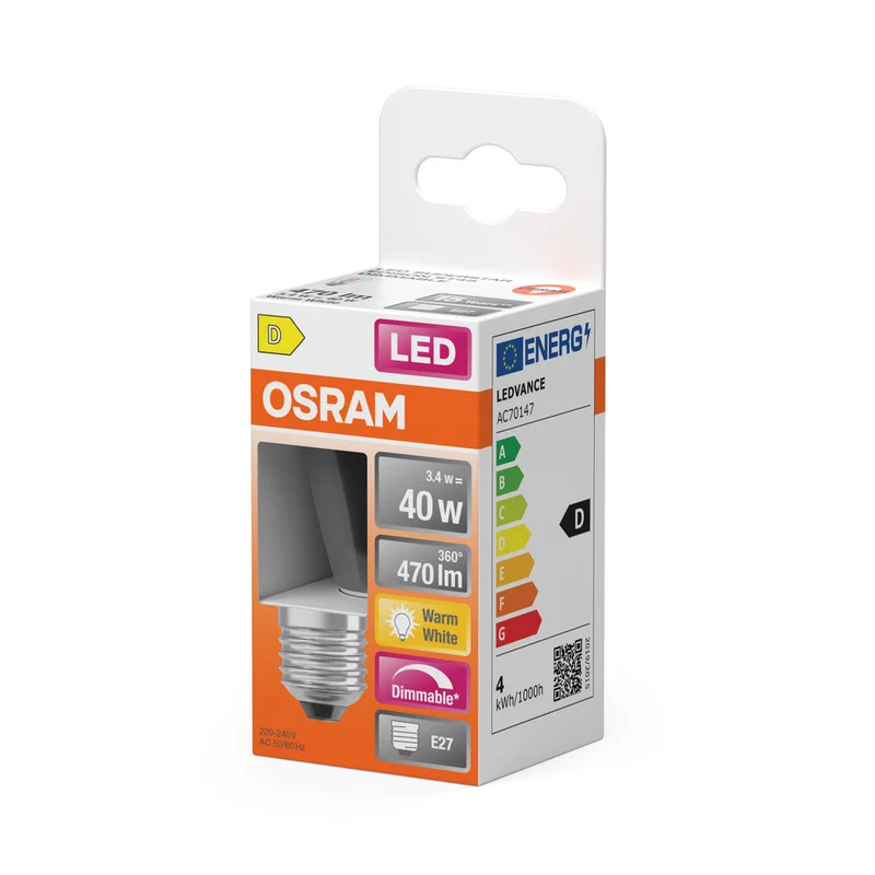 OSRAM Lampadina LED a filamento dimmerabile con attacco E27, bianco caldo (2700K), candela a soffio di vento, 5W, sostituzione per lampadina a incandescenza da 40W, trasparente, retrofit LED CLASSIC BA DIM